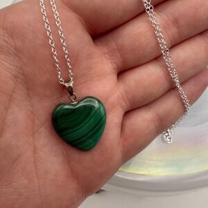 Malachite Heart Pendant Necklace Green Gemstone Silver Chain Jewelry Women‎